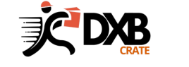 Logo of DXB Crate with a stylized figure and text on a white background